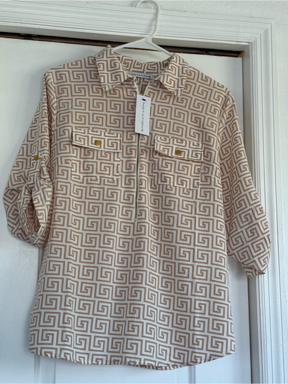 Notations Cream and Tan Geometric Print Blouse